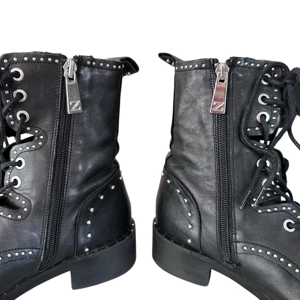 Zara Black Leather Lace Up Biker Chelsea Studded Punk Goth Ankle Boots Size 37 - Picture 11 of 15